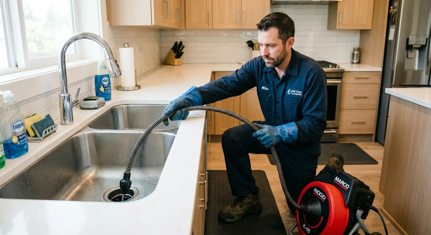Drain cleaning technician using a motorized snake on a kitchen sink in Florida Ridge