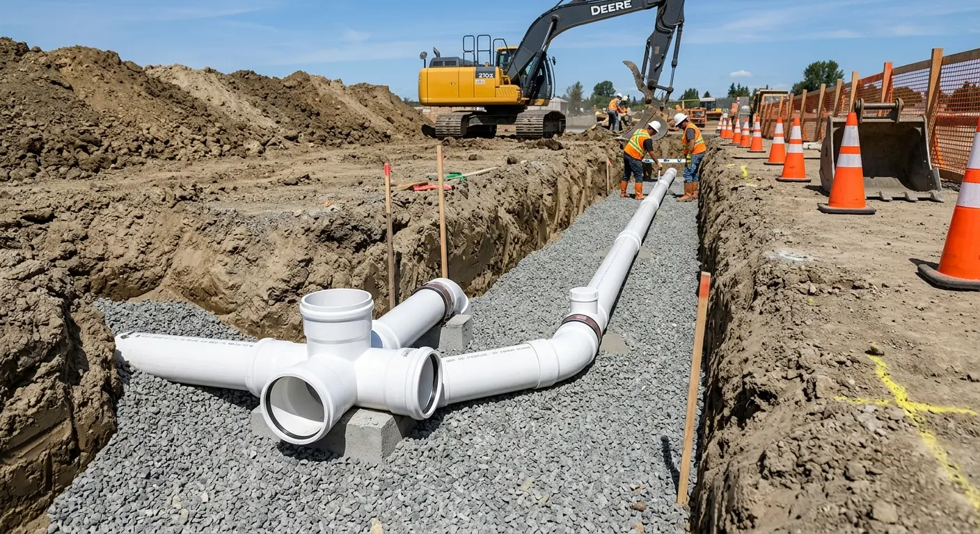 New PVC sewer pipe installation in open trench for Sewer Backup in Florida Ridge