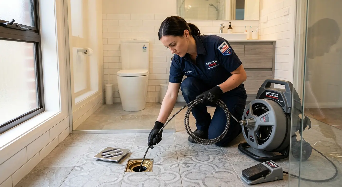 Technician clearing a bathroom floor drain for Drain Repair in Florida Ridge
